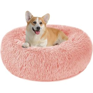 Pluizig rond kattenbed van pluche - donut knuffelig hondenkussen hondenmand wasbaar S/M/L/XL/XXL voor kleine, middelgrote en grote honden, katten en andere huisdieren (L-60cm, roze)
