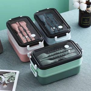 1400ml Draagbare Dubbellaags Lunchbox met Vork, Lepel en Eetstokjes - Roze, Magnetronbestendige Maaltijdbak met 3 Compartimenten - Perfect voor Picknick en Verse Voeding