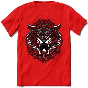 Tijger - Dieren Mandala T-Shirt | Lichtblauw | Grappig Verjaardag Zentangle Dierenkop Cadeau Shirt | Dames - Heren - Unisex | Wildlife Tshirt Kleding Kado | - Rood - XL
