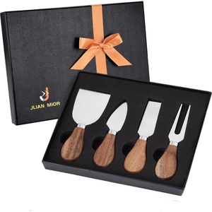 Prachtige 4-delige kaasmessenset, complete kaasmessencollectie van roestvrij staal (handvat van acaciahout), klaar om cadeau te geven