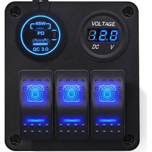 ProRide Schakelpaneel 12V voor Auto/Boot - USB Lader 2 Poorten met Voltmeter- QC4.0 - 3 Schakelaars