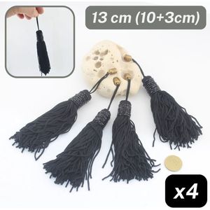 4 Stuks VISCOSE FLOCHES/HANGERS/BEDELS/TASSELS, Lengte 13CM, met ZWARTE KRALEN en een Afneembare Metalen Uiteinde om Eventueel een Koord in te Plakken, Kleur ZWART