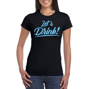 Bellatio Decorations Verkleed T-shirt voor dames - lets drink - zwart - blauwe glitters - glamour L