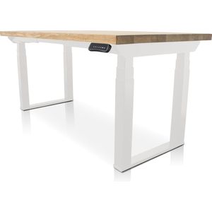 Zit-sta bureau met massief eiken blad 180 x 90 cm - MRC PRO Solid NEN-EN 527 - elektrisch verstelbaar - frame wit - 125 cm hoog - 200KG draagvermogen