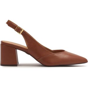 Brown pumps on a post with an open heel