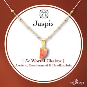Bixorp Edelsteen Ketting Jaspis met 18k Verguld Goud - Chakra Hanger - Roestvrij Staal - 36cm + 8cm verstelbaar