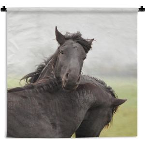 Wandkleed Fries paard - Two horses playing Wandkleed katoen 150x150 cm - Wandtapijt met foto