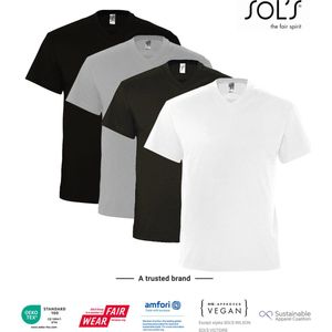 4 Pack SOLS V-hals, Heren T-Shirt 100% katoen V-hals, Zwart, Wit, Lichtgrijs gemeleerd, Donker Grijs Maat XL