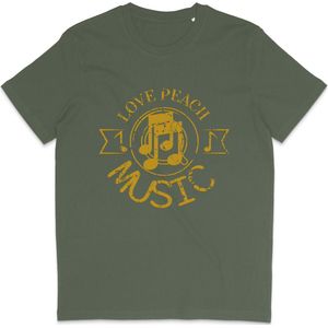 Heren Dames T Shirt - Print en Tekst: Love Peace Music - Khaki Groen - XXL