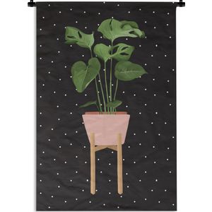 Wandkleed PlantenKerst illustraties - Illustratie van een Monstera plant op een zwarte achtergrond met witte stippen Wandkleed katoen 60x90 cm - Wandtapijt met foto