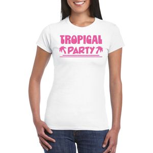 Toppers - Bellatio Decorations Tropical party T-shirt dames - met glitters - wit/roze - carnaval/themafeest XXL