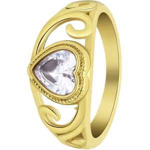 Lucardi Dames vintage ring met hart wit – Maat 50 – 16mm - Ring - Cadeau - Staal goldplated - Goudkleurig
