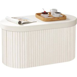 BukkitBow - Ronde/Ovale Compacte Opbergpoef – Poef / Zitkist met Deskel - Opvouwbare Ovale Poef - Voetenbank met Opbergruimte - 76x38x38 cm - Crème / Wit