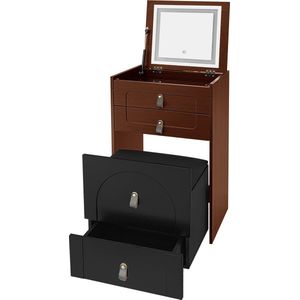 Merax Schminktisch(Enthält Make-up-Hocker), Multifunktionaler Aufbewahrungshocker Nachttisch, mit Spiegel und LED-Beleuchtung, mit 3 Schubladen, schwarz+braun