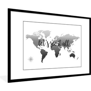 Fotolijst incl. Poster Zwart Wit- Wereldkaart zonder omlijningen een zwarte tekst - zwart wit - 120x80 cm - Posterlijst