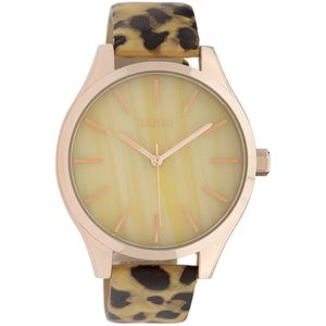 OOZOO Timepieces - Rosé goudkleurige horloge met zwart/goudkleurige leren band - C9792