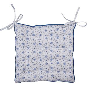 Clayre & Eef Stoelkussen Foam 40x40x4 cm Wit Blauw Katoen Vierkant Roosjes