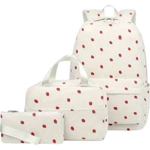 Ultiluxe® Rugzak, lunchtas, etui met aardbeien - Wit/beige/rood - 3-delige ribstof set - Schooltas, rugtas, 15.6 inch laptoptas - Schoolrugzak, koeltas, pennentas - Tieners, volwassenen, meiden - 3 stuks corduroy tassenset - 20L
