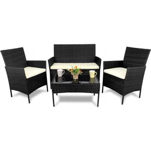 tuin meubelset- bank + 2 stoelen + tafel met glazen dienblad- zwart- compleet tuin set