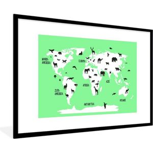 Wereldkaart Kinderen - Dieren - Mintgroen - Schoolplaat - Kinderkamer - 90x60 cm