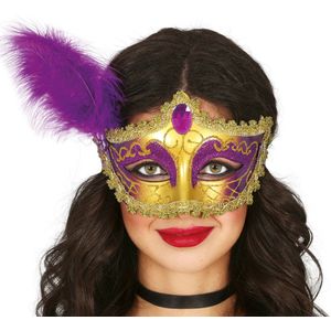 Fiestas Guirca Verkleed oogmasker Venitiaans - paars met veer - volwassenen - Carnaval/gemaskerd bal