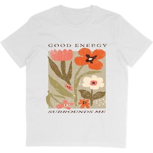 T Shirt met Bloemen Print en Positieve Tekst: Good Energy - Wit - Maat M