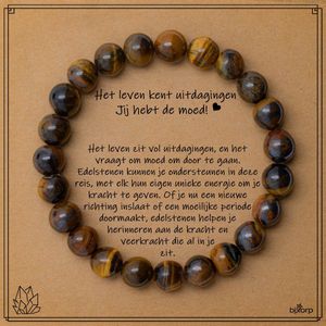 Bixorp Tijgeroog Armband op Cadeau Kaartje - Jij hebt de moed! - 8mm / 20cm Edelsteen Kralenarmband - Inclusief Cadeau Envelop