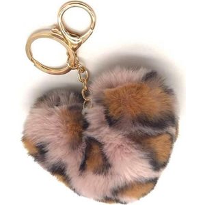 Dielay - Sleutelhanger Fluffy Hart - Panter - 9x10 cm - Roze