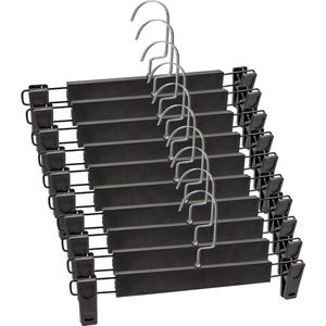 Anti-slip broekenhanger zwart - 10 stuks van kunststof en metaal - voor rokken en broeken - verstelbare klem - 31 x 3 x 155 cm