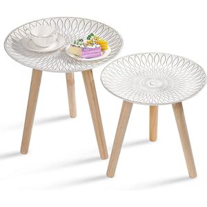 Bijzettafel set van 2 - ronde salontafels houten kleine tafels - set driepootjes sofatafels - tafelset voor woonkamer slaapkamer balkon - shabby wit - 35 cm/40 cm