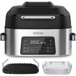 CHEFREE Elektrische Buiten BBQ Grill en Smoker gezondheidsgrill en luchtfriteuse, 6L familieformaat voor 5-6 porties, intelligente 6-in-1 Smart XL multicooker, max 265℃, 4-traps luchtgrill, 0 rook, olievrij, zwart/grijs, AFG01