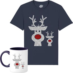 Rendier Buddies - Foute Kersttrui Kerstcadeau - Dames / Heren / Unisex Kleding - Grappige Kerst Outfit - Glitter Look - T-Shirt met mok - Unisex - Navy Blauw - Maat 3XL