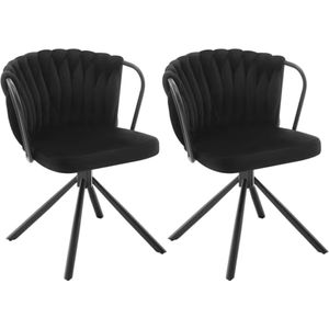 J&R Eetkamerstoel - Set van 2 stoelen - Fluweel eetkamer stoel - Eettafel stoel - Fauteuil - Velvet - Armleuning - Draaibaar - Zwarte Poot - Zwart
