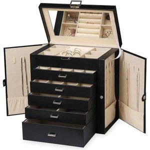 Grote 6-laags PU-lederen sieradenorganizer met slot - multifunctionele opbergkoffer met spiegel