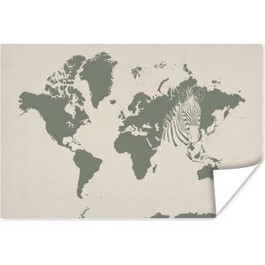 Poster Wereldkaart - Dieren - Zebra - 30x20 cm
