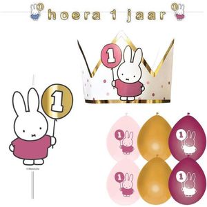 Nijntje - 1 Jaar Versiering - Roze Feestpakket - 1 Jaar Decoratie - Ballonnen, Slinger, Kaars En Kroon - 4 Producten