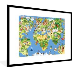 Poster in fotolijst kind - Kinderkamer decoratie - Wereldkaart - Kinderen - Natuur - Dieren - Blauw - Groen - Decoratie voor kinderkamers - 80x60 cm - Poster kinderkamer
