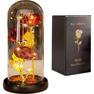 Liefdes Cadeau Rozen - Eeuwige Roos - 3x Rood / Gouden Roos in glas stolp met LED Verlichting - Romantisch Cadeau voor vrouw, vriendin, haar, moeder - Verjaardag - Huwelijk - Kerst - Kunstbloemen - Moederdag Cadeautje