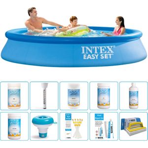 Intex Rond Opblaasbaar Easy Set Zwembad - 305 x 61 cm - Blauw - Inclusief Chloor - Chloordrijver - Testrips - Reparatiesetje - Scrubborstel - PH-waarde - PH-waarde - Thermometer - Algen - Chloor