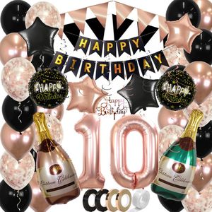 10 Jaar Feest Verjaardag Versiering Confetti Helium Ballonnen Slingers Happy Birthday Rose Goud & Zwart XL SET – 60 Stuks