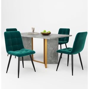 Merax Eettafelset 5-delig – Moderne eettafel met zementlook en metalen poten – Inclusief 4 groene velvet eetkamerstoelen
