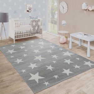 Paco Home Modern Laagpolig Kindervloerkleed Sterrendesign Kinderkamer Star Patroon Grijs Wit 200 cm Quadrat