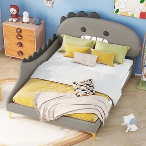 140 x 200 cm kinderbed - cartoon dinosaurusvorm - flatbed - PU-materiaal - grijs