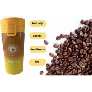 koffiebeker to go - coffee to go beker - oranje/ bruin - thermosbeker - 380ml - dubbelwandig - RVS