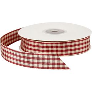 Geruit lint, B: 20 mm, antiek rood/wit, 25 m/ 1 rol