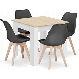 Eettafelset NP 80x80 Eiken Sonoma Kleur met Witte Poten + 4 Stoelen MARK Zwart met Beukenhouten Poten, Modern Design, Geschikt voor Keuken, Eetkamer en Woonkamer