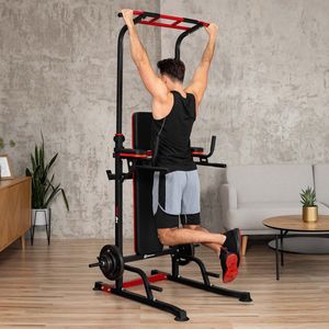 Hop-Sport Power Tower HS-2015K met dipstation, multifunctionele krachttoren met optrekstang en inklapbare gewichtsbank, Gewichtsstation met max. belasting 150 kg, Krachttraining Trainingsapparatuur