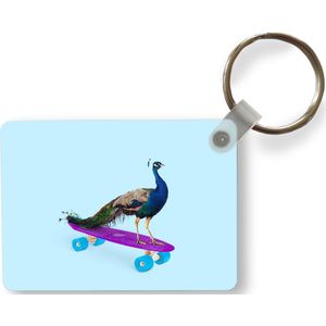 Sleutelhanger - Pauw - Blauw - Skateboard - Dieren - Grappig - Uitdeelcadeautjes - Plastic
