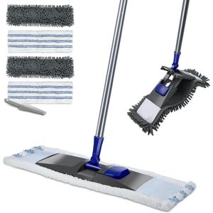 360 graden rotatie chenille mop - Lange microvezel mop voor droge en natte vloeren met 4 opzetstukken - Grote mop met roestvrijstalen staaf voor huis en keuken