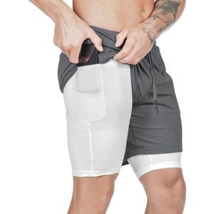 Bodio Sportbroek heren - Fitness broek met mobiel zak - 3 in 1 Shorts - Grijs - Maat XL